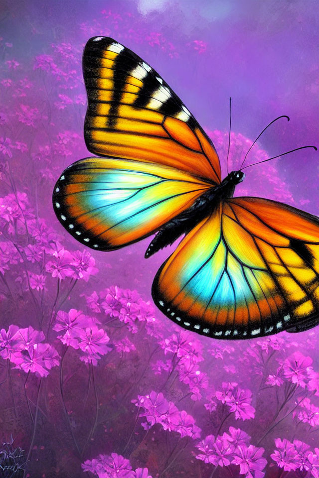 Vibrant orange and blue butterfly on pink flowers against purple background