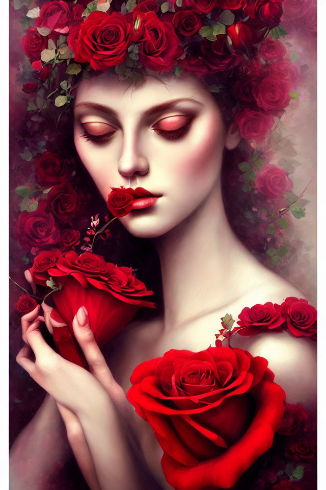 Person with Closed Eyes Adorned with Red Roses and Crown, Monochromatic Red Theme