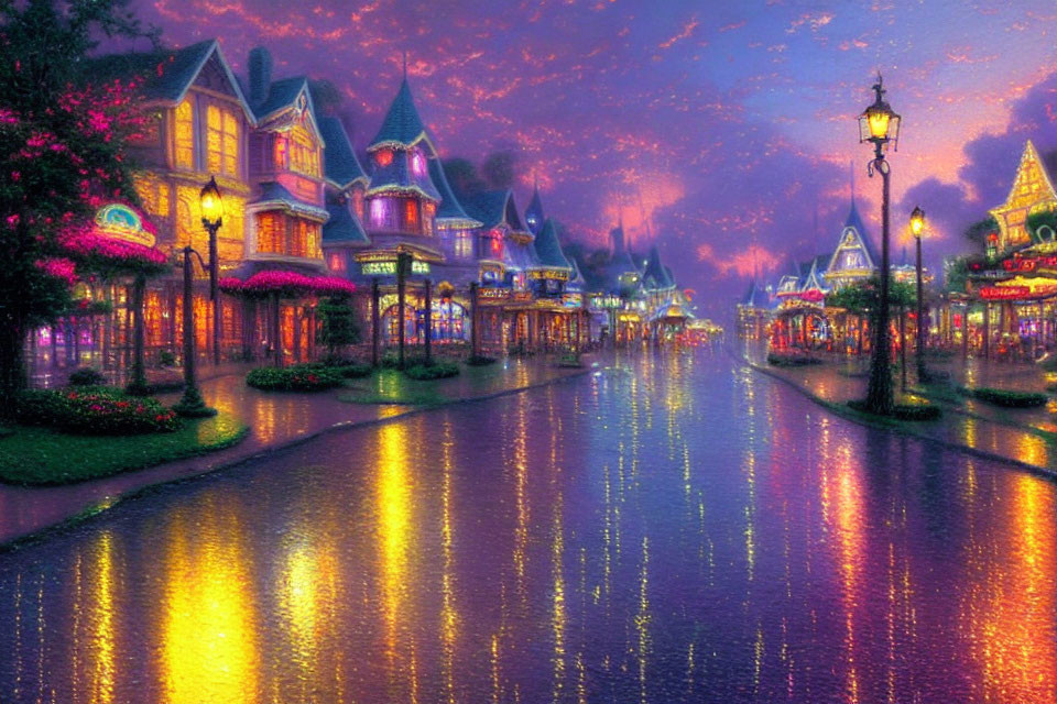 Colorful painting of rain-slicked street at dusk with illuminated buildings