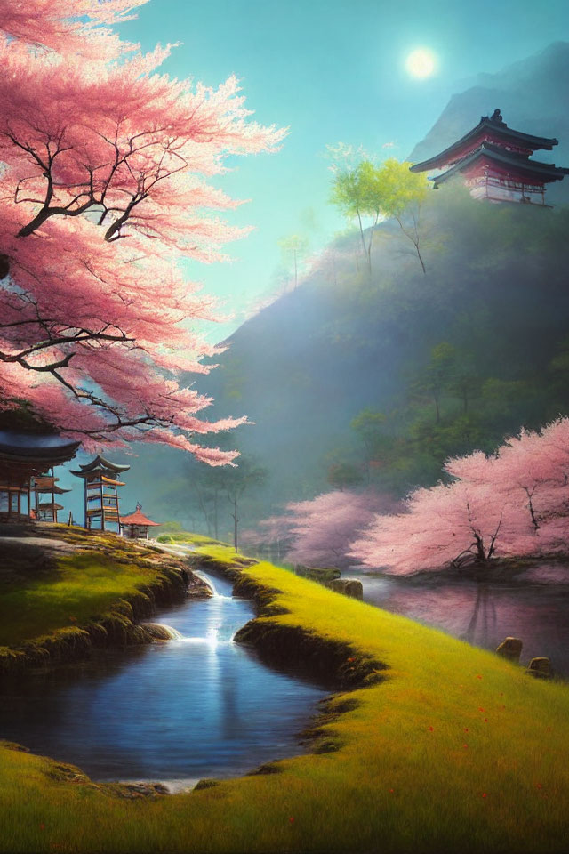 Tranquil Japanese landscape with cherry blossoms, river, and traditional structures