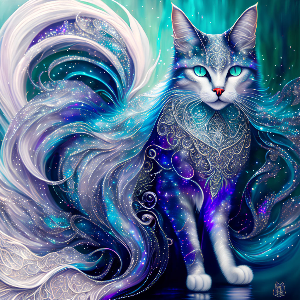Cosmic cat digital artwork with blue and purple fur and red eyes