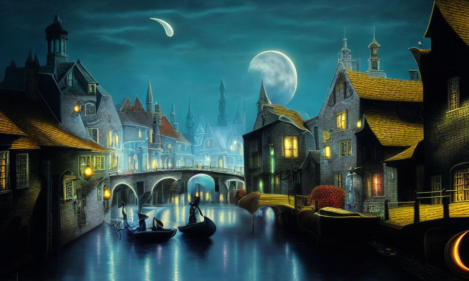 Moonlit fantasy canal scene with gondolas, bridges, lanterns, and European buildings.