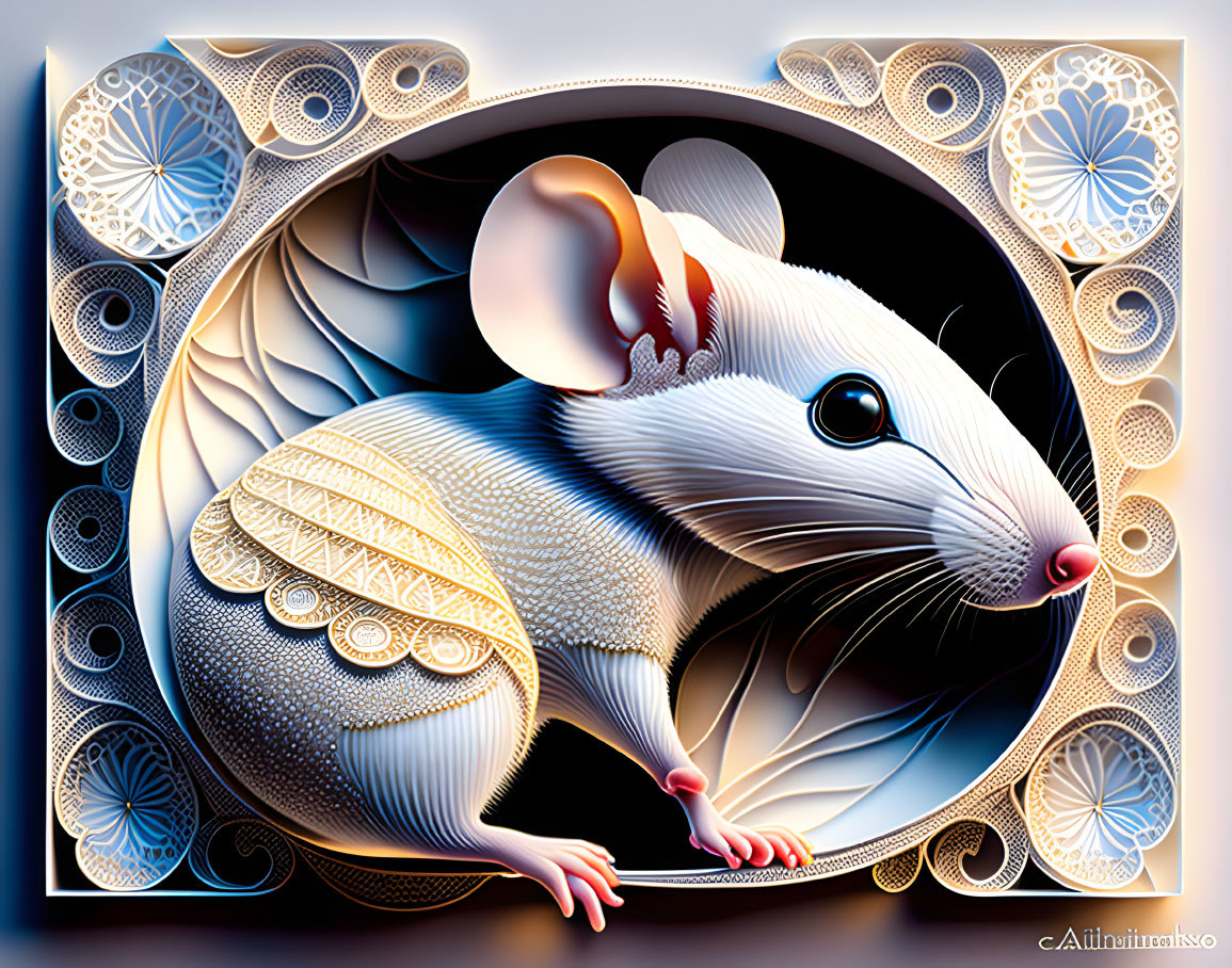 Stylized mouse digital art in ornate blue and white frame