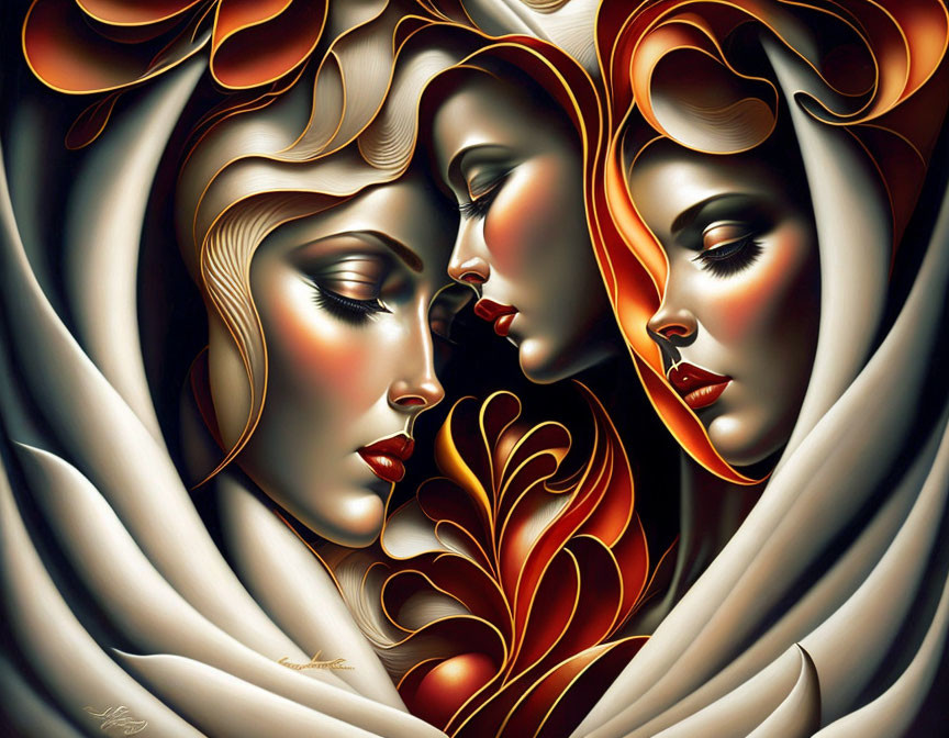 Stylized female faces with flowing hair and ornate patterns in warm colors