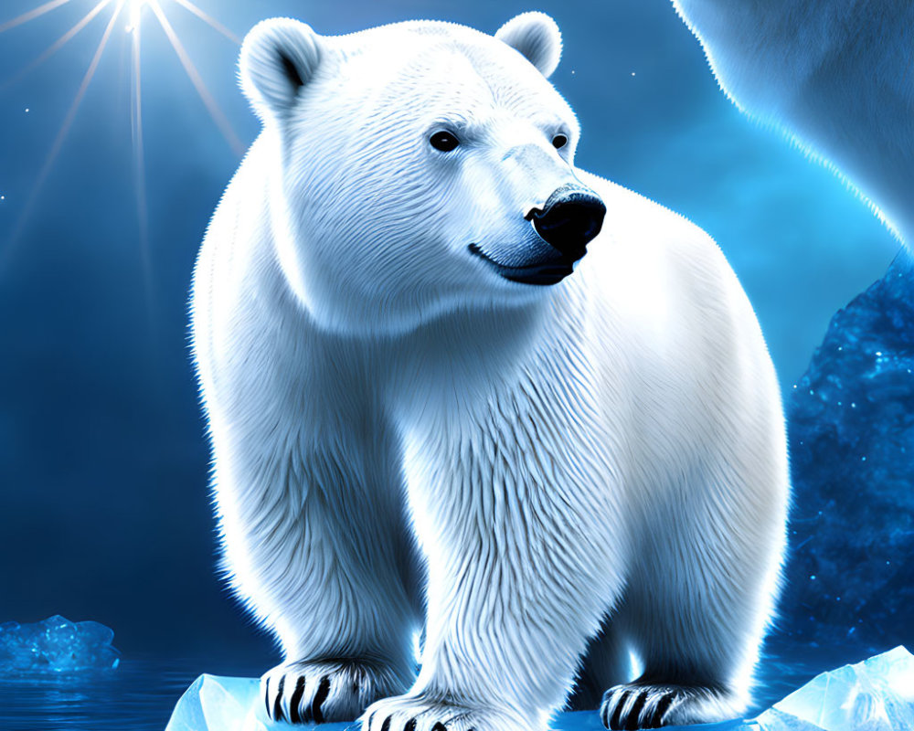 Polar bear on translucent ice under starlit sky