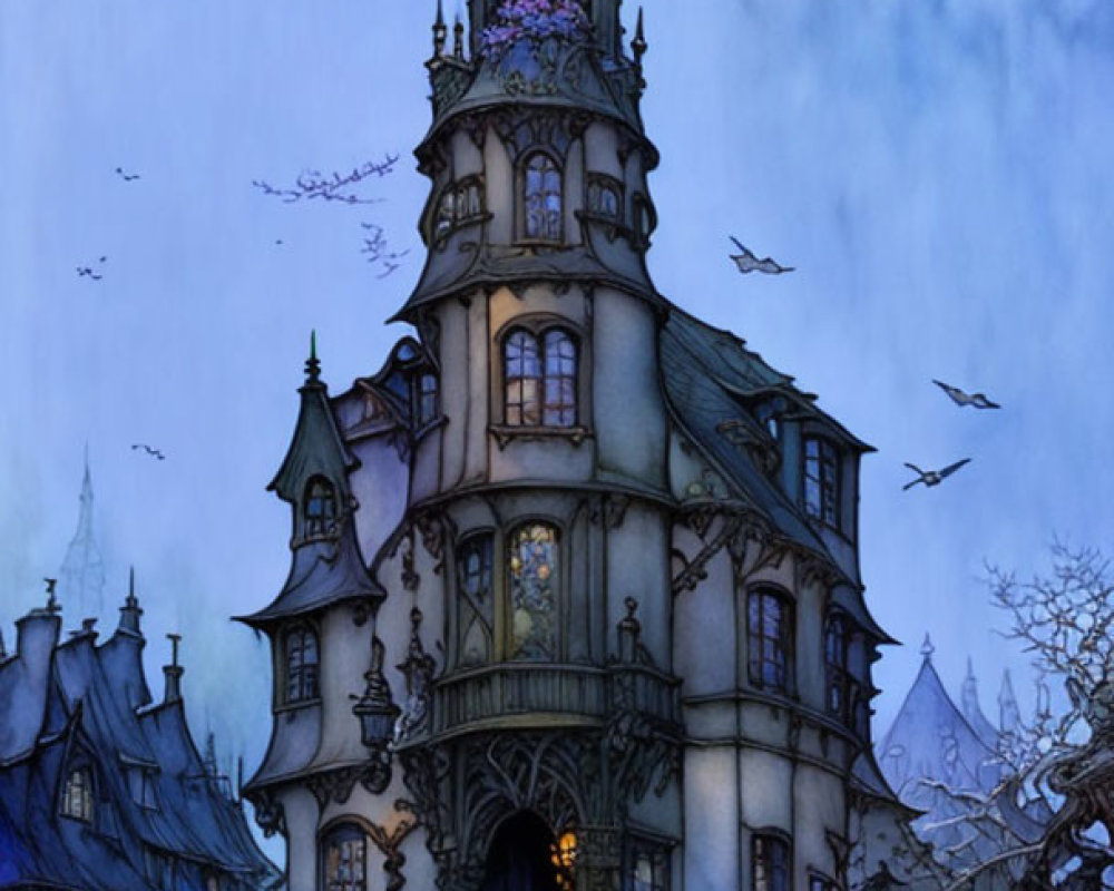 Whimsical tall tower among gothic buildings at twilight