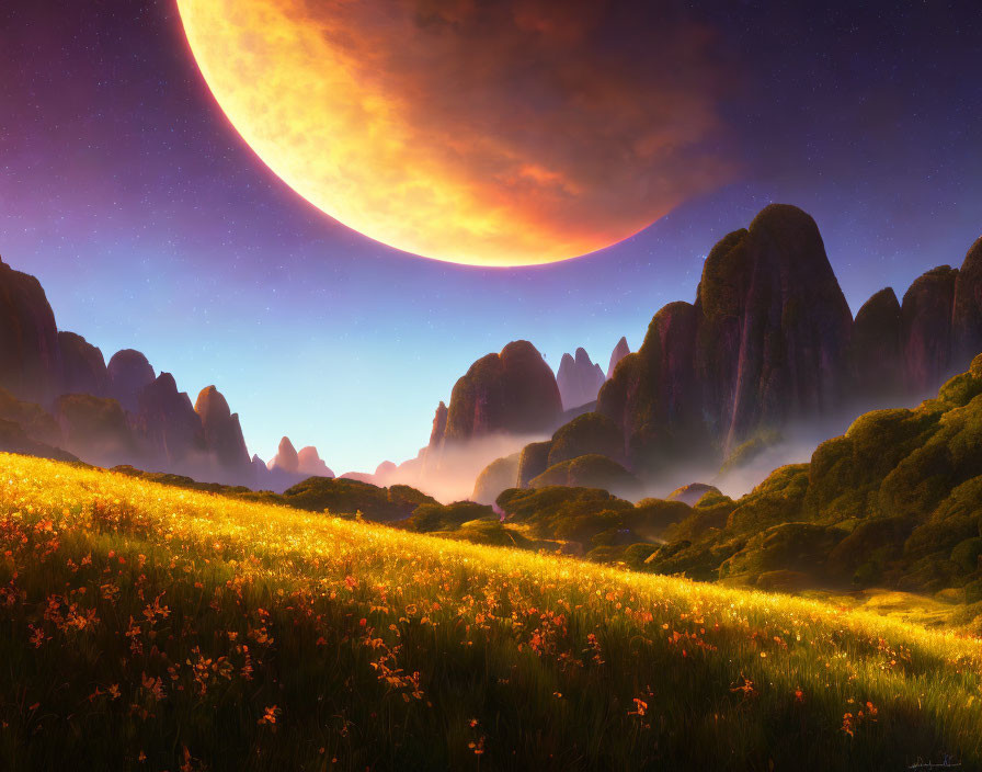 Tranquil digital art of lush meadow, misty mountains, oversized moon