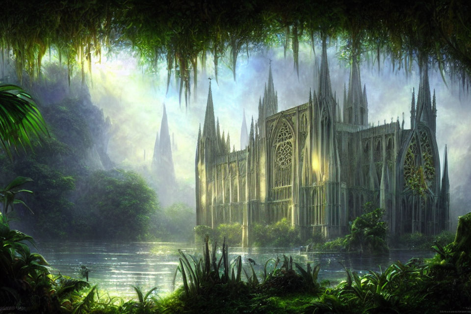 Gothic cathedral in lush forest with sunlight filtering through canopy