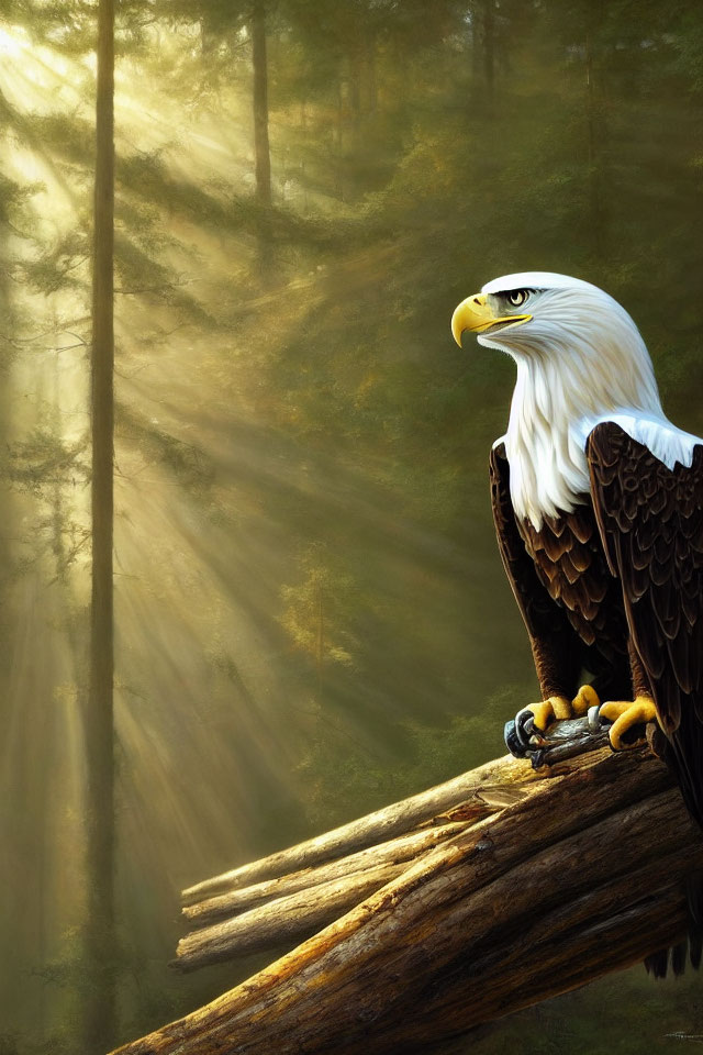 Majestic eagle on sunlit forest tree branch