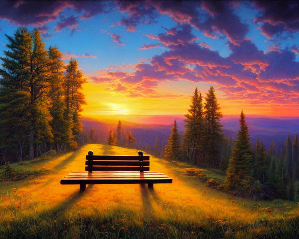 Colorful sunset painting with bench, trees, and dramatic sky