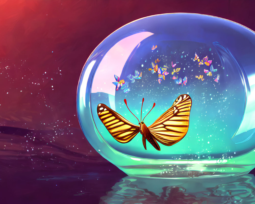 Colorful butterfly on bubble with smaller butterflies against pink and blue celestial background