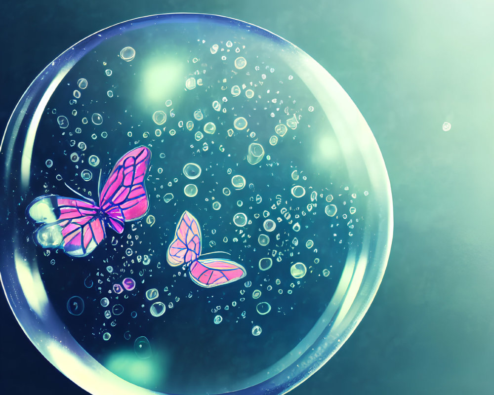 Spherical object with bubbles and pink butterflies on blue-green gradient background