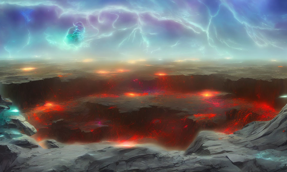 Fantastical landscape with glowing lava cracks and stormy sky
