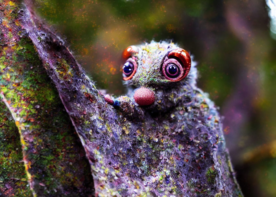 Vibrant moss-covered creature with shiny eyes in textured forest