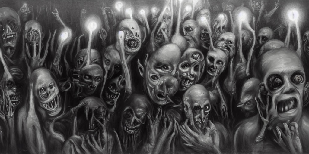Monochromatic artwork of twisted figures with haunting expressions