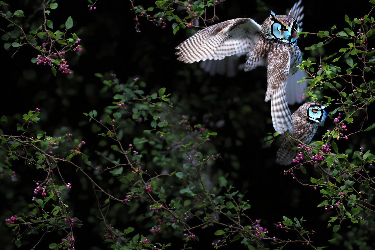 Colorful patterned face masks on owls in flight among dark foliage