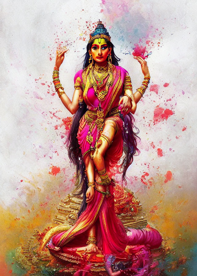 Traditional Indian Goddess Illustration in Pink and Gold Attire