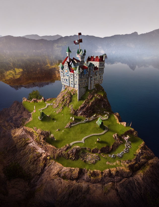 Fantastical castle with whimsical towers on lush island surrounded by tranquil lake