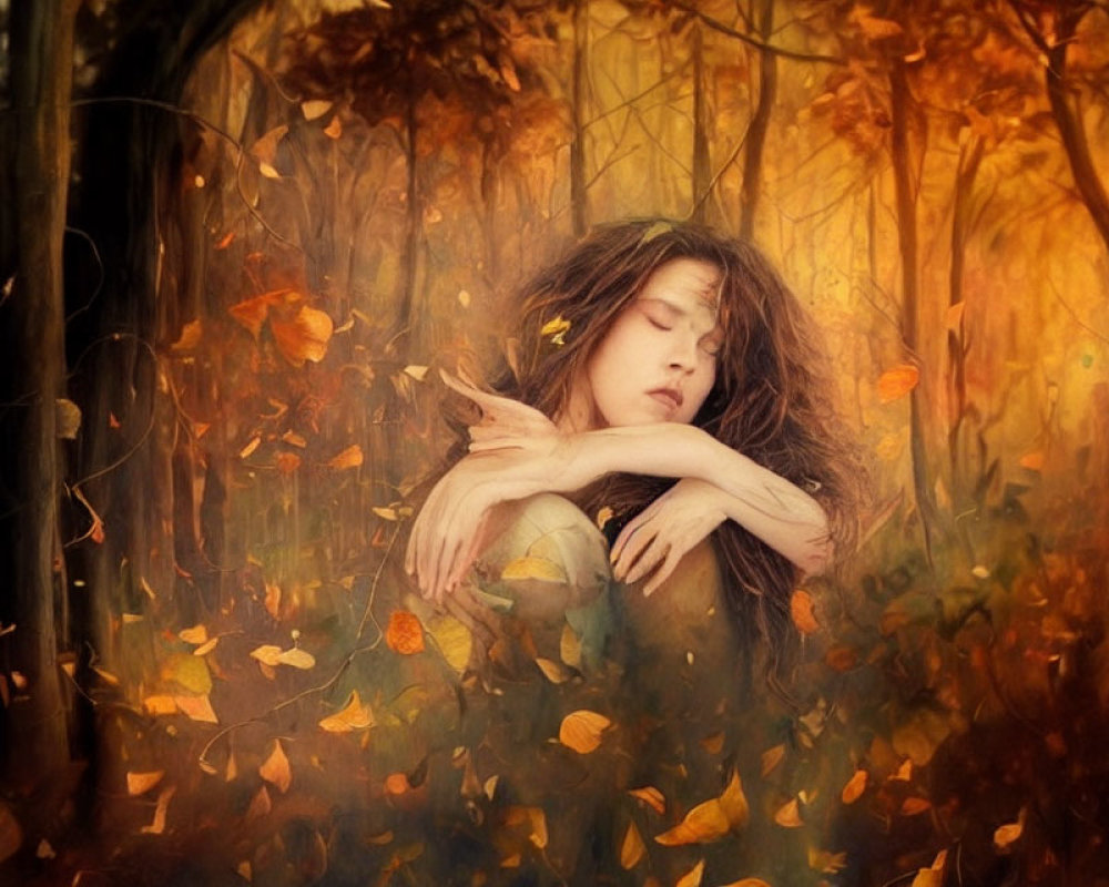 Woman in Autumnal Forest Embracing Knees