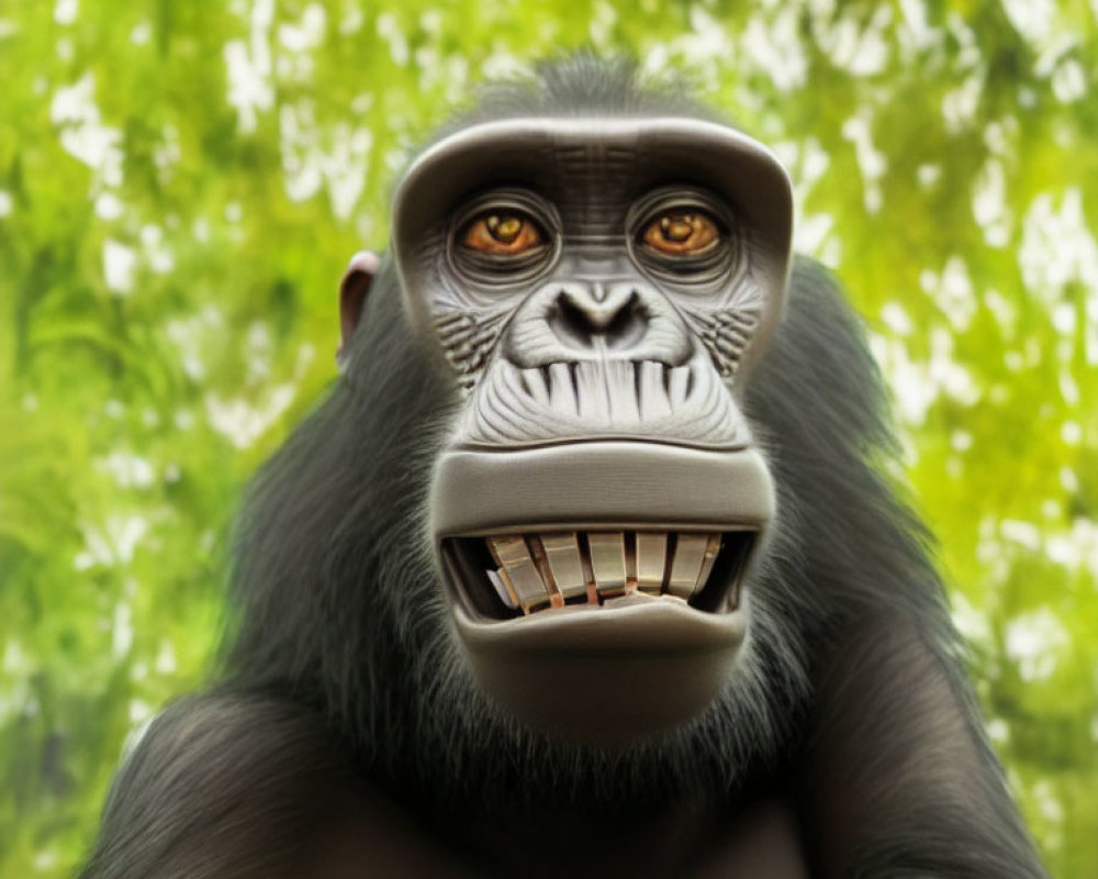 Digital artwork featuring gorilla with human-like eyes and wide smile in green foliage.