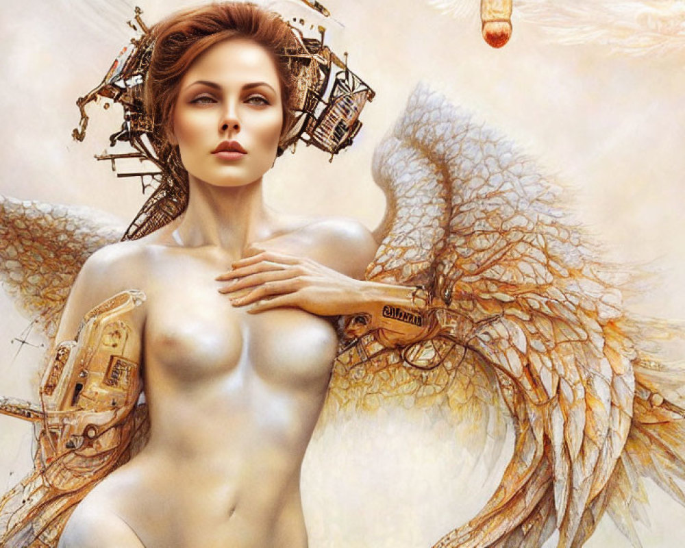 Surreal illustration of woman with cybernetic arm and angelic wings
