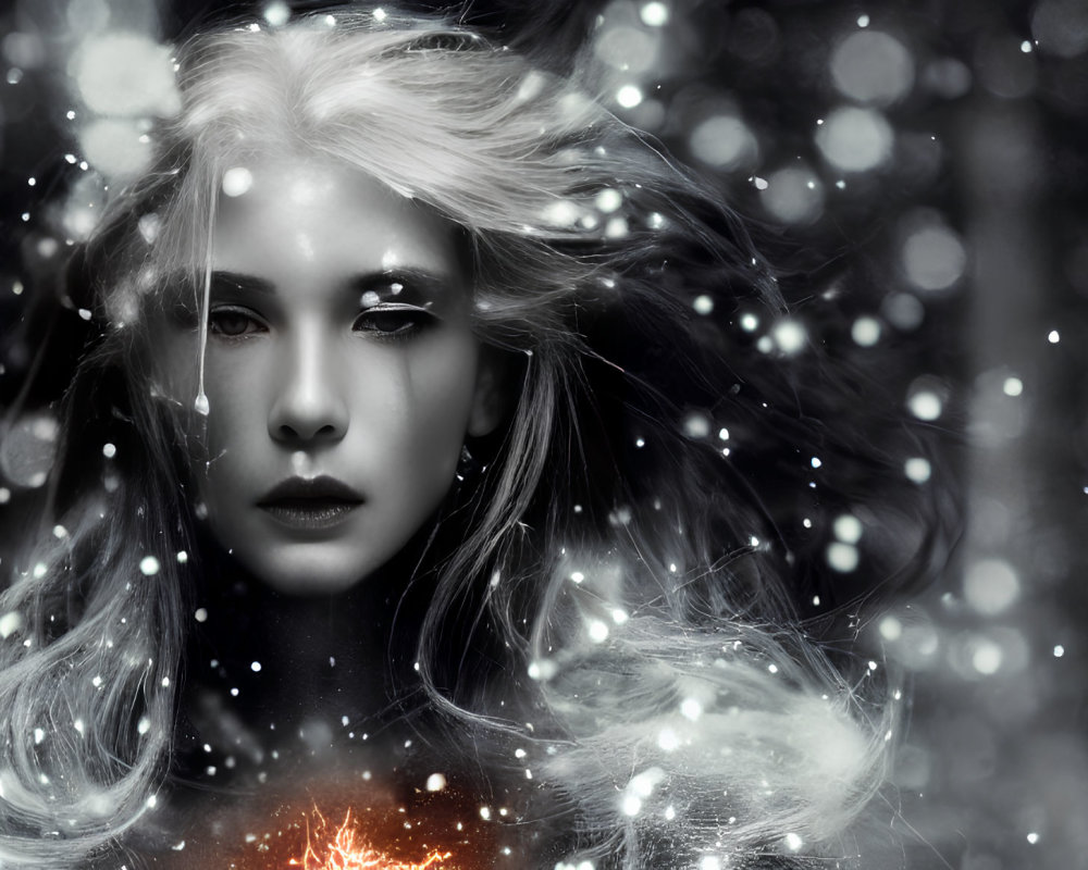 Monochromatic image: Woman with flowing hair, surrounded by sparkling lights