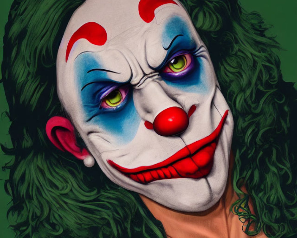 Person in clown makeup with red nose and green hair on green background