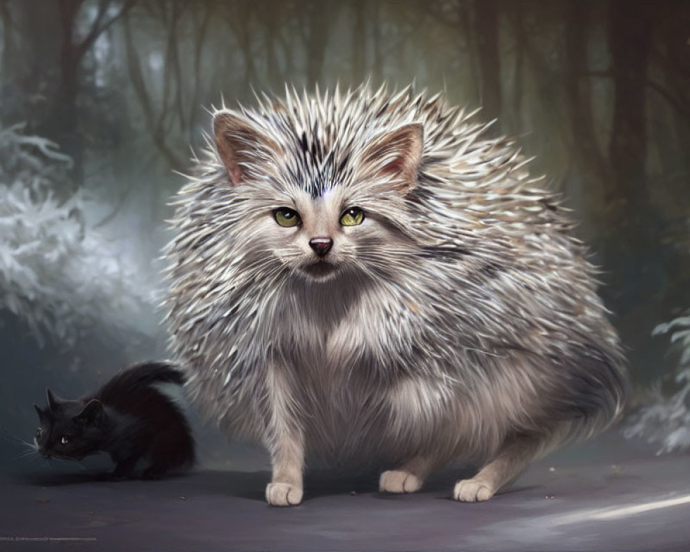 Fantasy illustration of cat with spines & black cat in misty forest