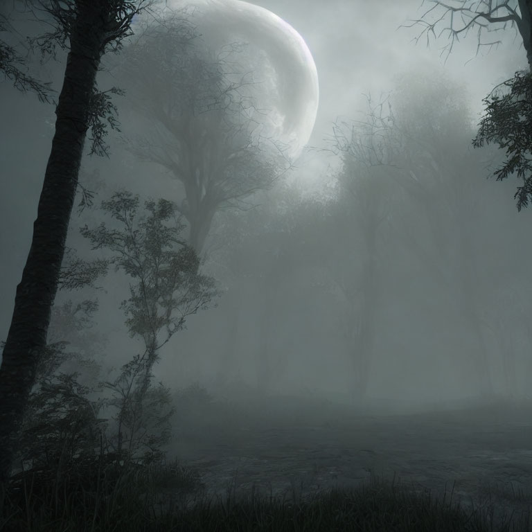 Misty forest night scene with large moon and silhouetted trees