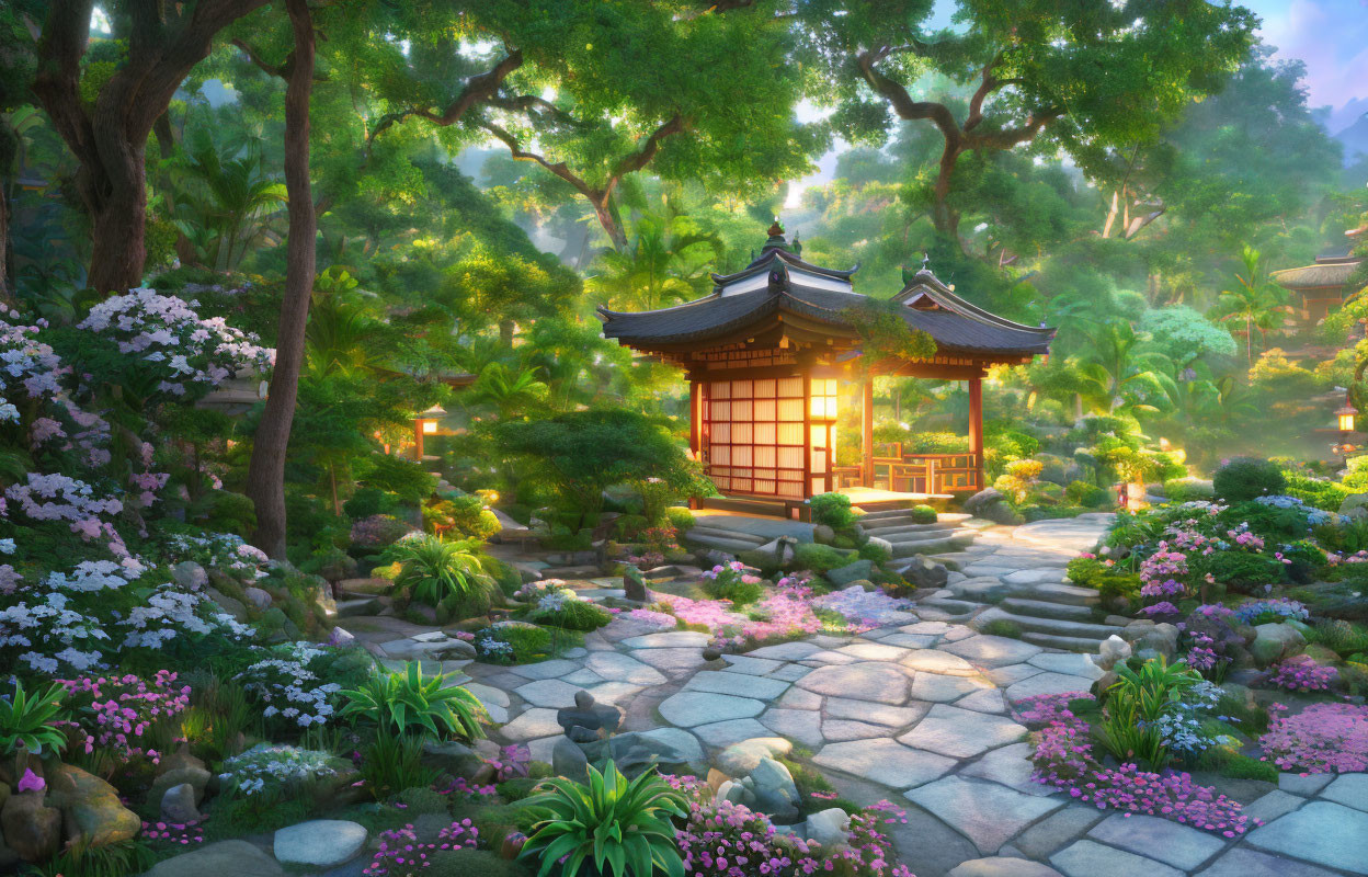 Traditional Japanese garden with pavilion, stone pathway, lush greenery, and blooming flowers in sunlight
