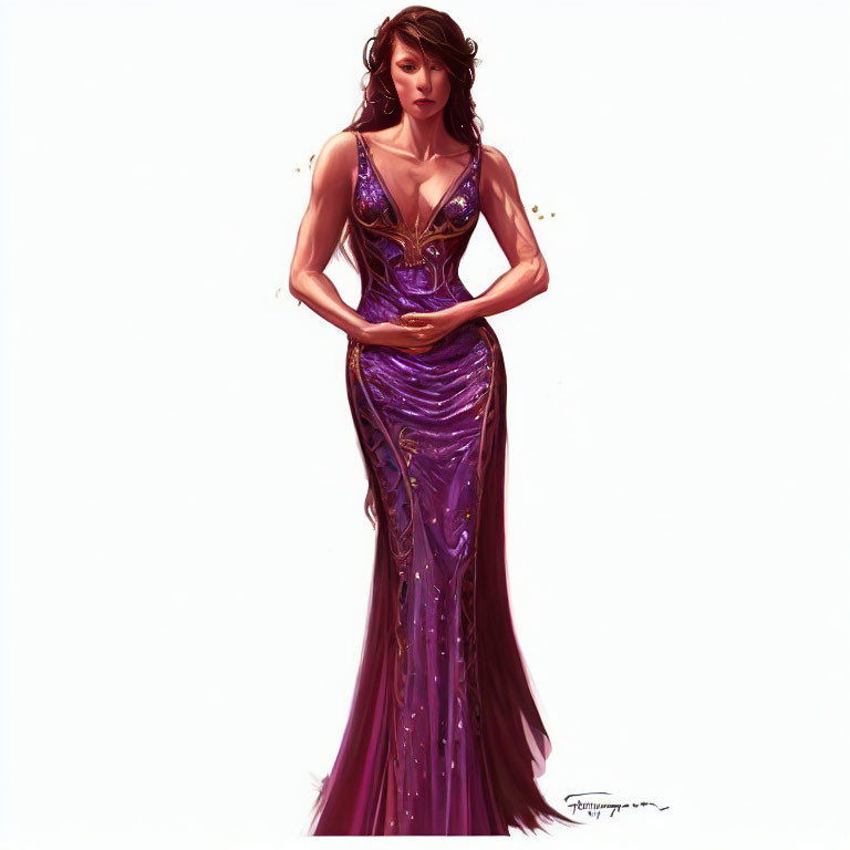 Illustration of Woman in Elegant Purple Gown on White Background