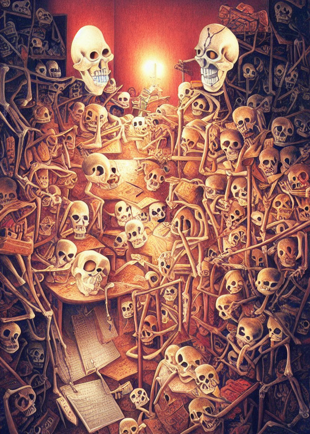 Illustration of room with human skulls and bones under warm light