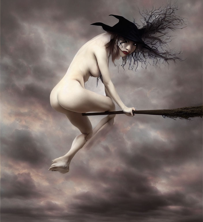 Fantasy witch flying on broomstick under cloudy sky