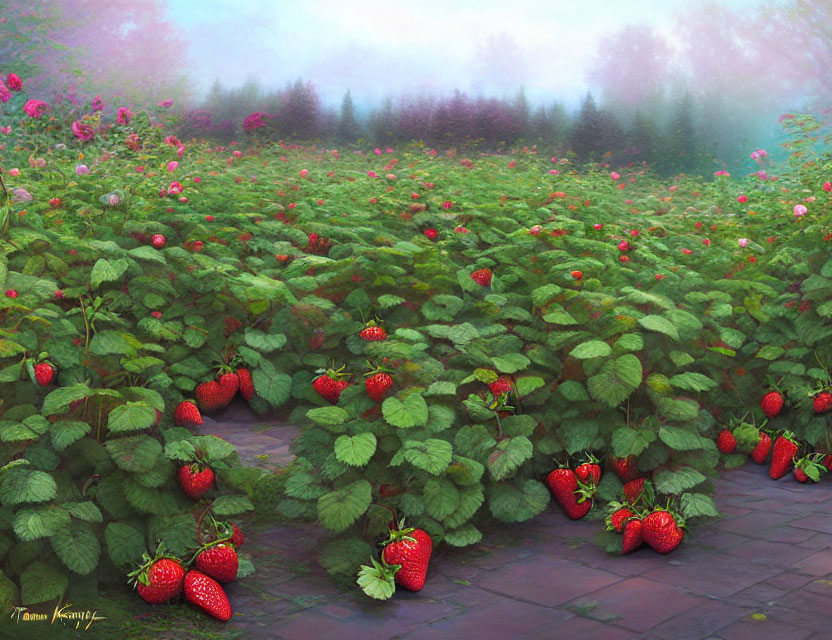 Ripe strawberries in lush patch with misty background