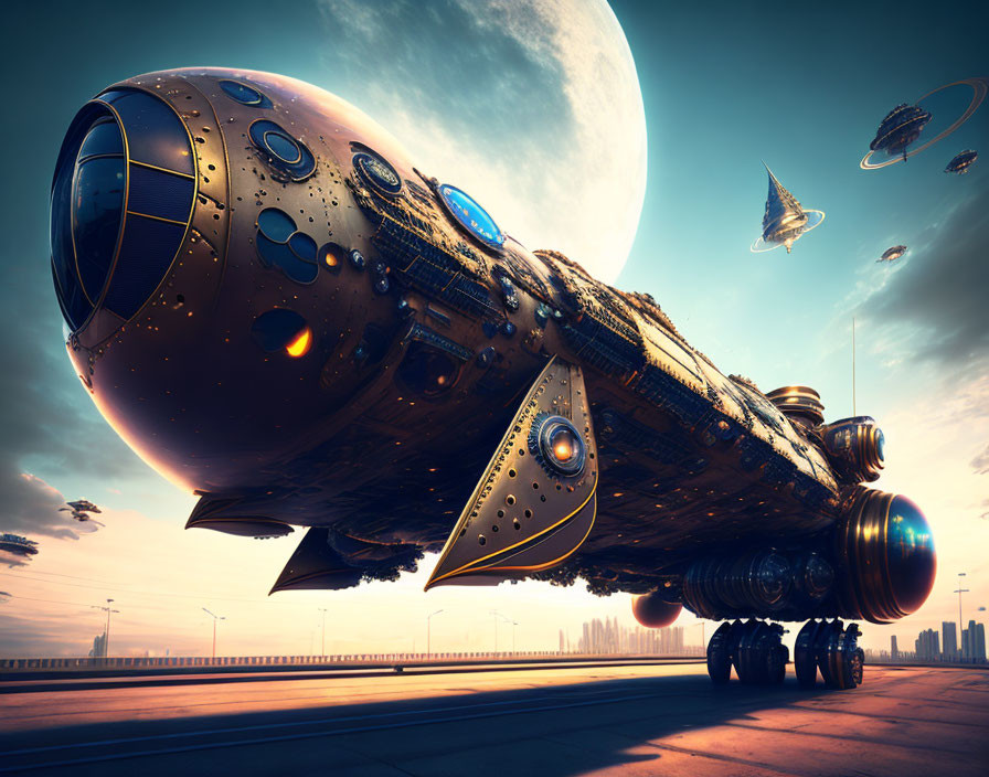 Detailed futuristic spacecraft on runway with moon and flying vehicles