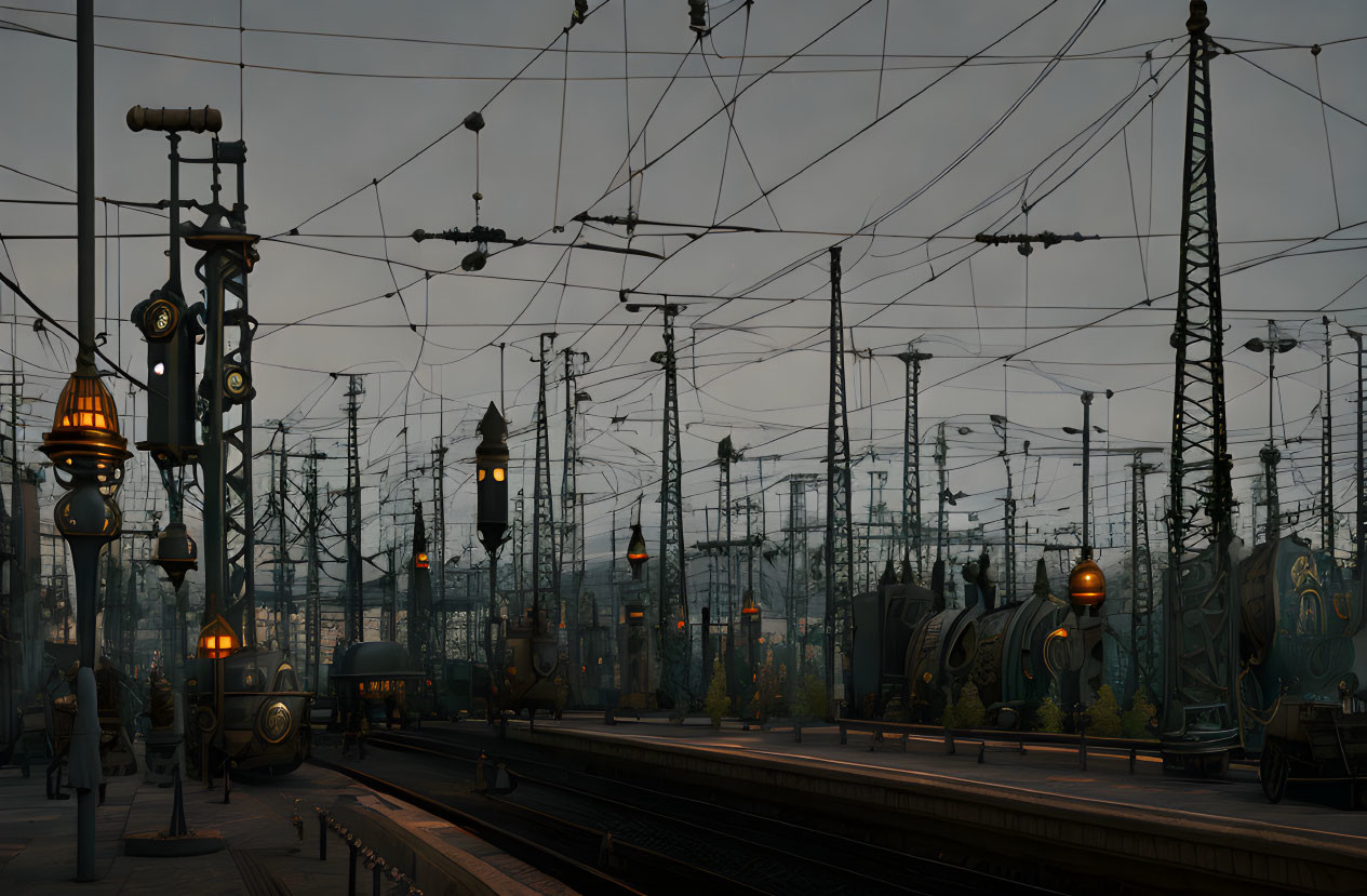 Vintage railway station at dusk with multiple tracks, classic locomotives, passengers, and hanging lamps.