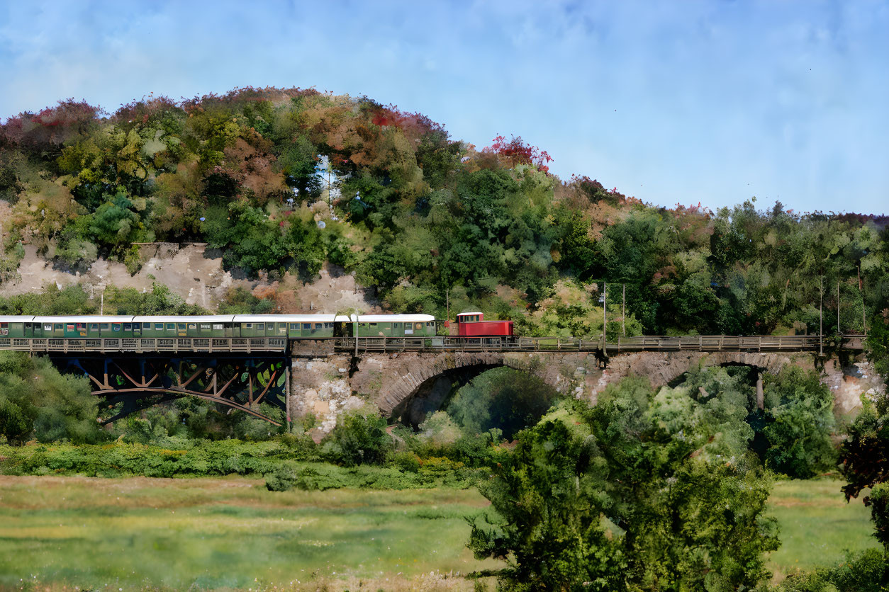 Scenic train crossing old arched bridge in lush greenery