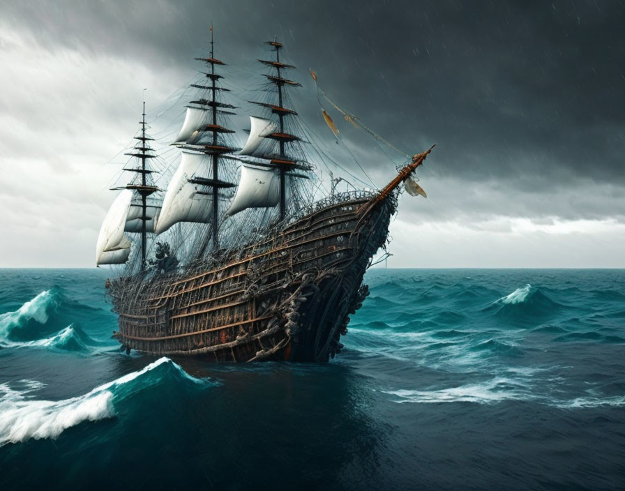 Majestic tall ship with full sails in turbulent seas under stormy sky