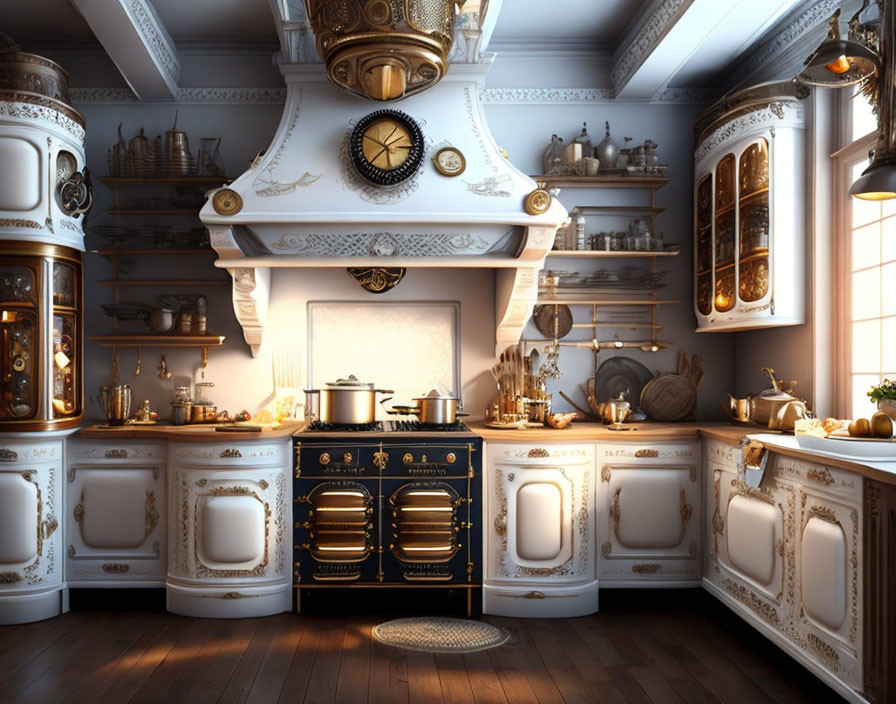 Luxurious Vintage Kitchen with Ornate White Cabinetry and Classic Black Stove