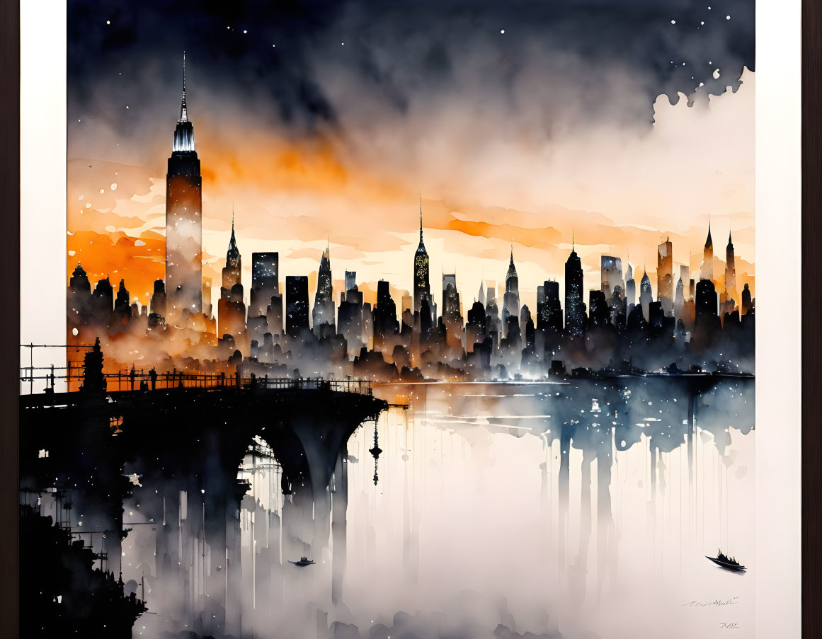 City skyline watercolor painting: dusk scene with reflective water, glowing buildings, and colorful sky