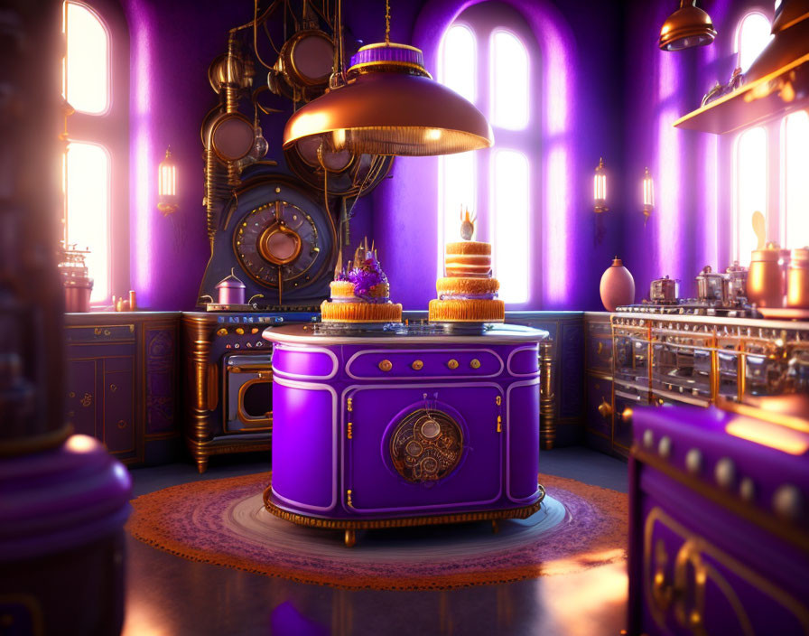 Purple and Gold Retro-Futuristic Kitchen Design with Ornate Cabinets