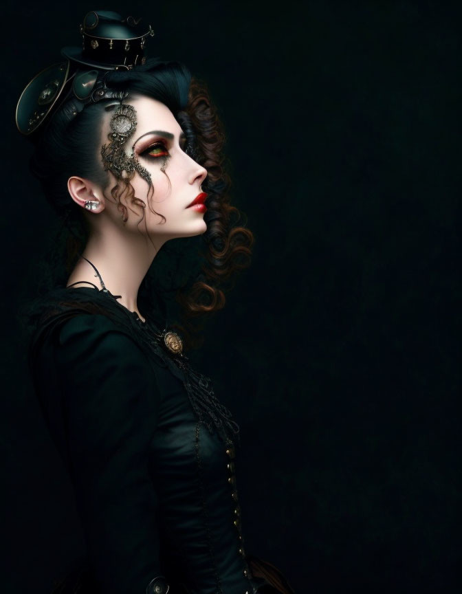 Steampunk-themed woman with top hat and mechanical eye-piece