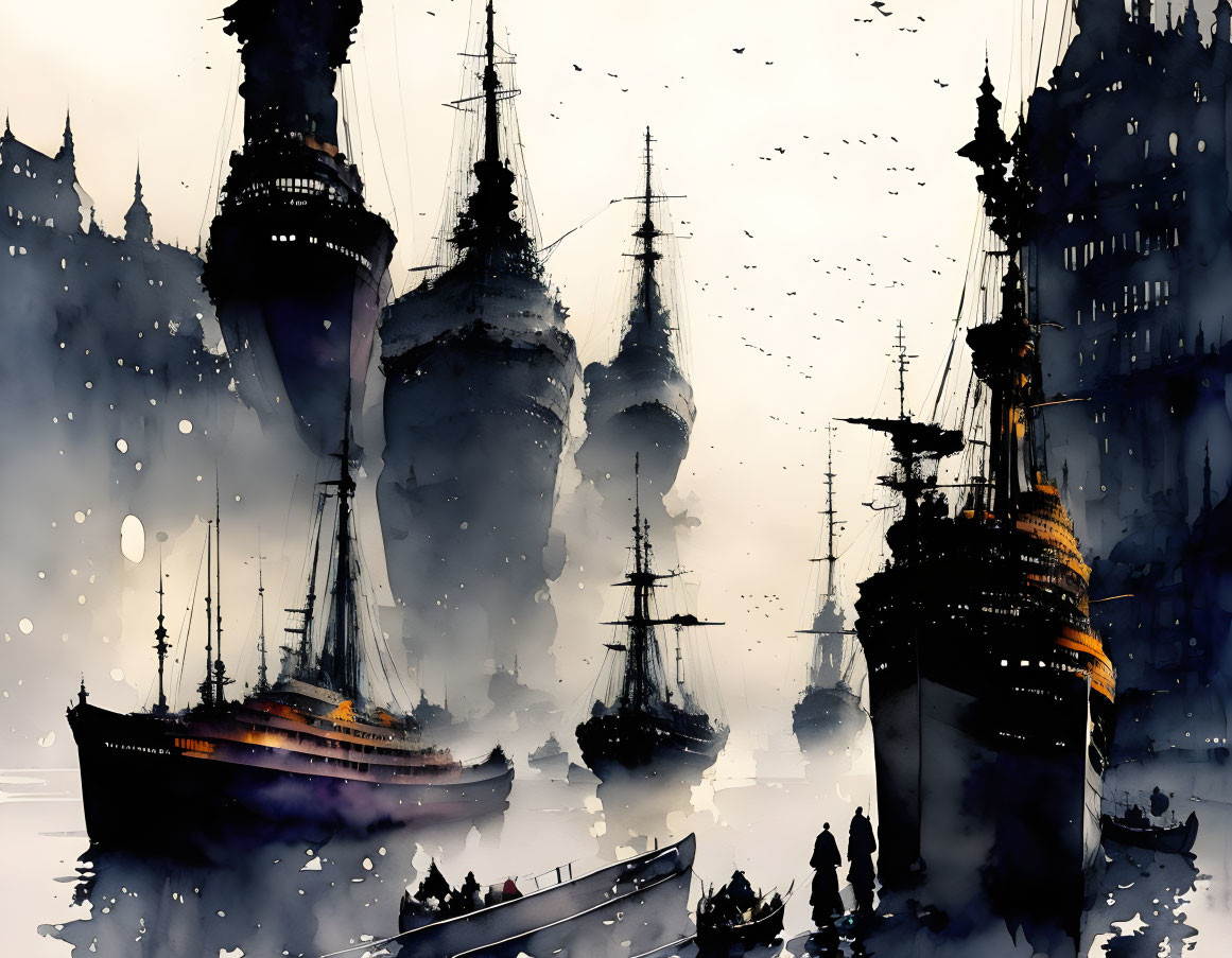 Silhouetted ships in misty harbor with golden light and towering spires