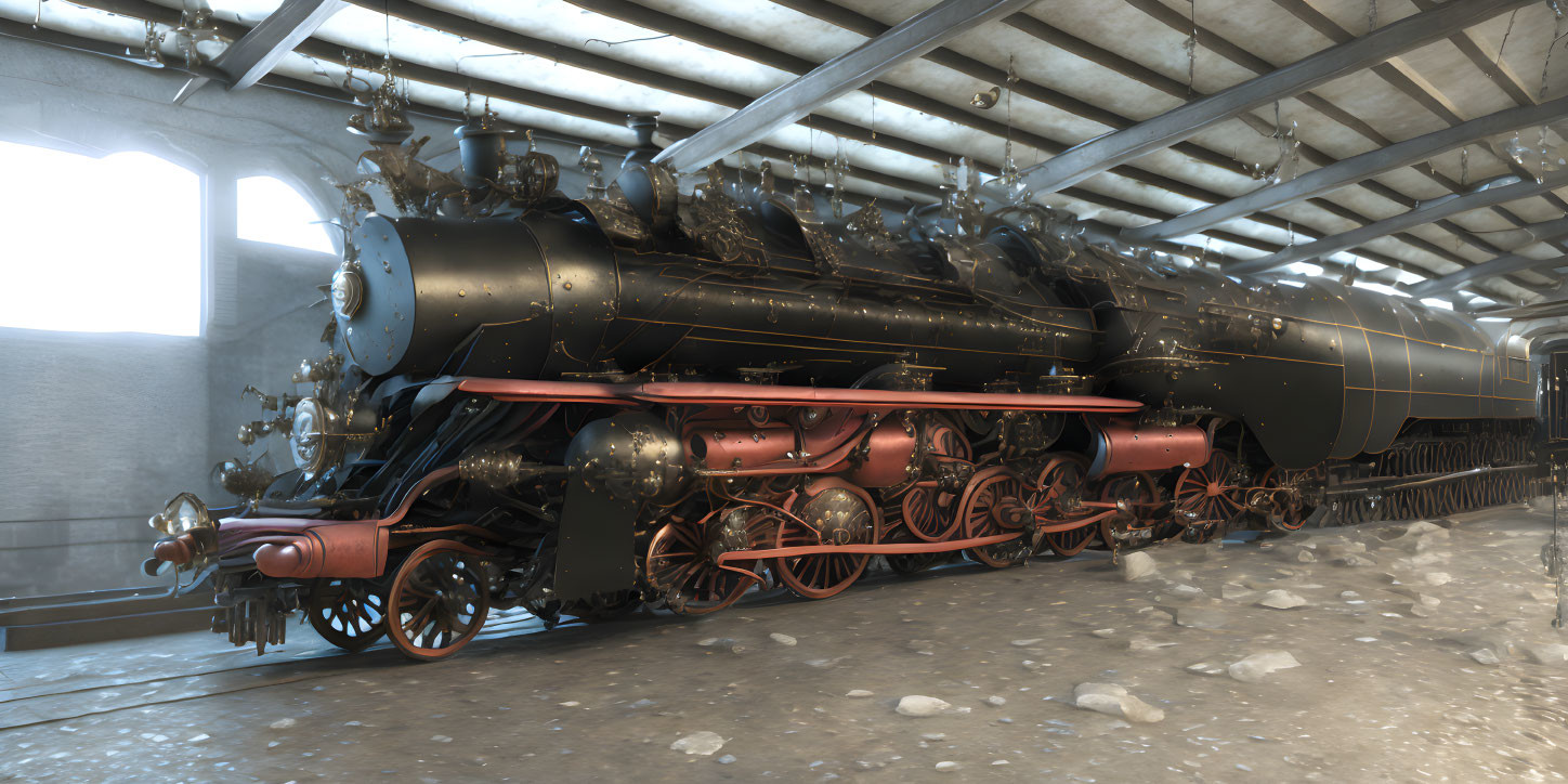 Vintage Black Steam Locomotive with Red Wheels in Dimly Lit Train Shed