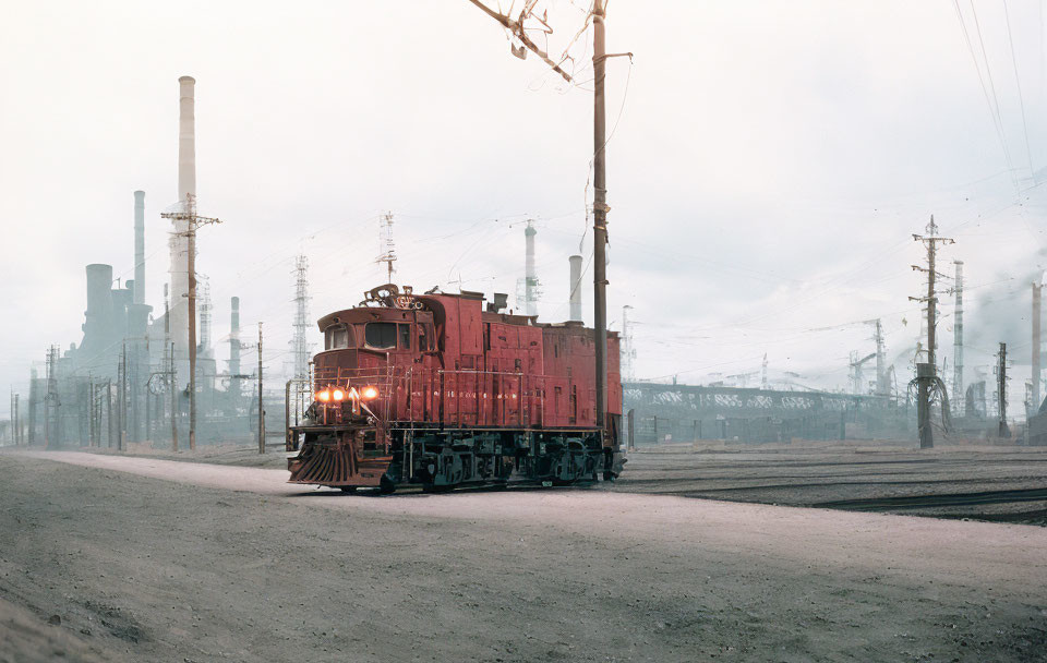 Red Diesel Locomotive Passing Industrial Factories Under Hazy Sky