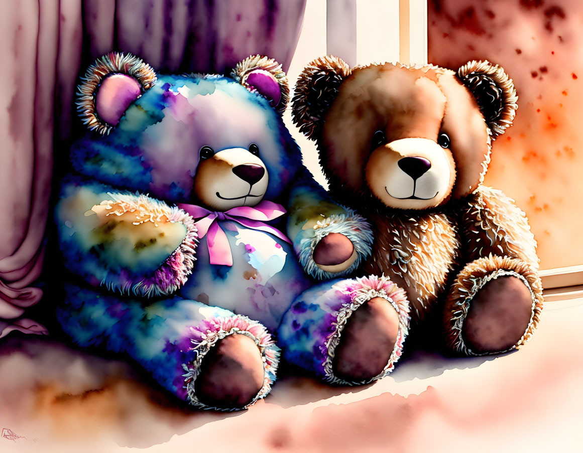 Colorful Teddy Bears: Purple Tie-Dye and Brown, Soft Painterly Style