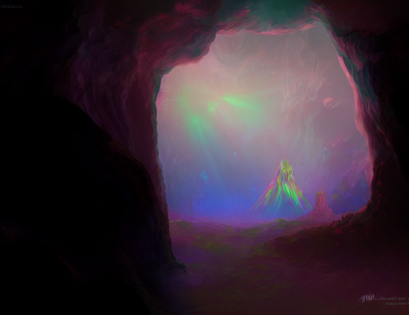 Mystical Cave with Colorful Glow and Central Figure Emitting Light