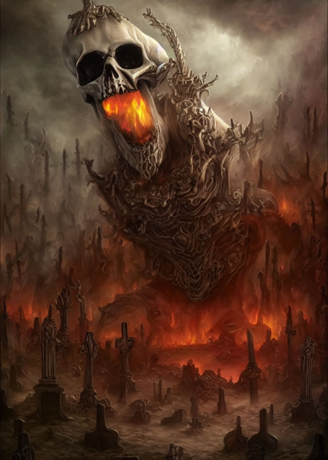 Menacing skull with glowing eyes above fiery landscape and skeletal figures