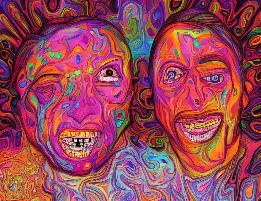 Abstract Psychedelic Painting: Distorted Faces & Vibrant Colors