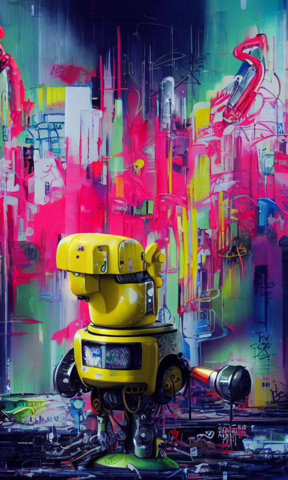 Colorful Painting of Yellow Robot in Abstract Urban Backdrop